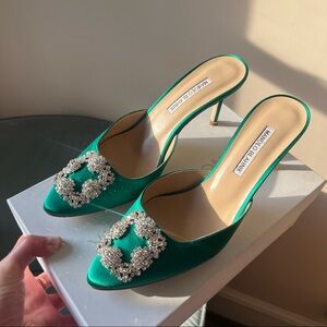Manolo Blahnik Hangisi Crystal Buckle Mule in Emerald Green Silk
